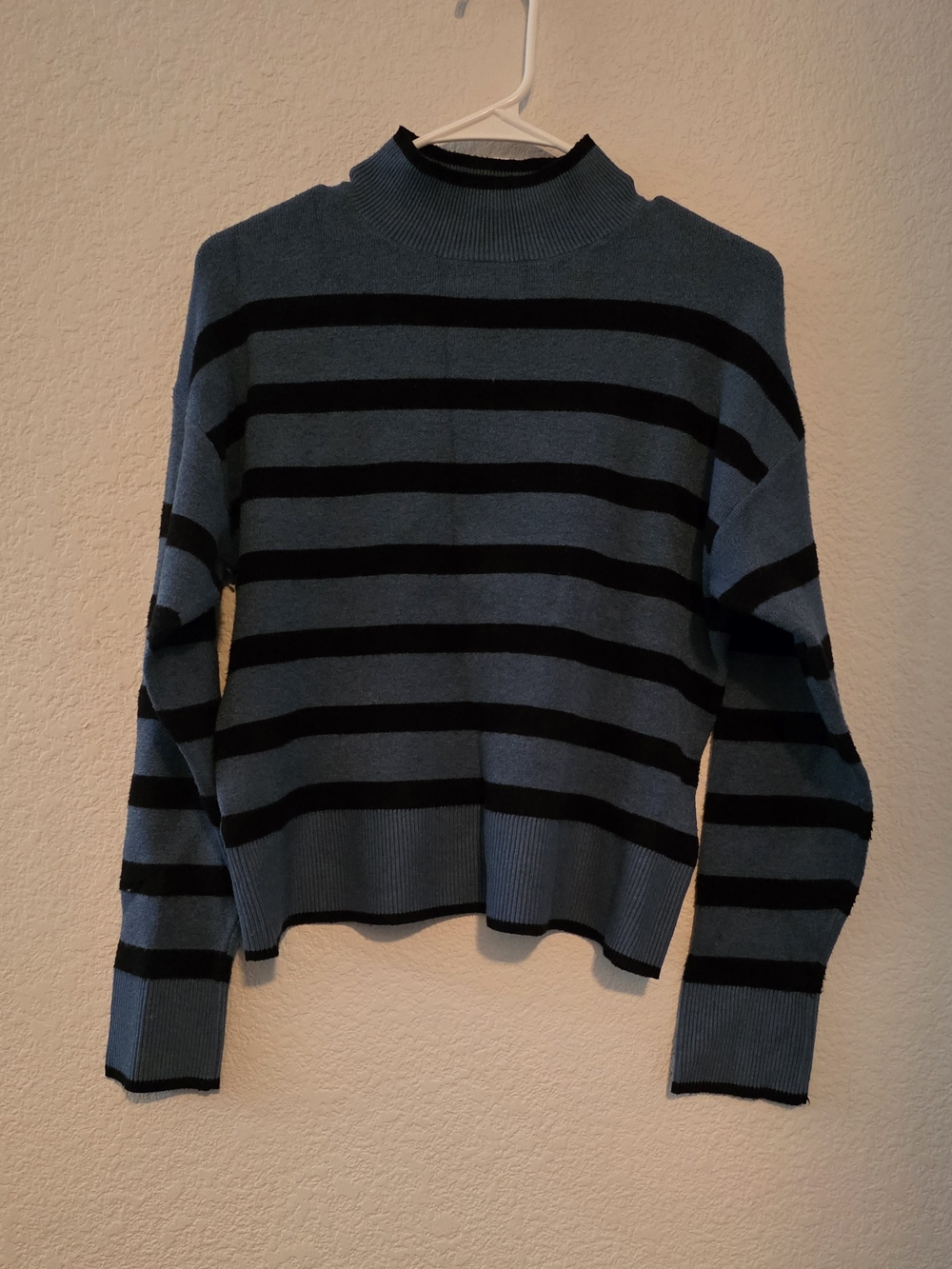 Striped Blue and Black Mock Neck Women's Sweater